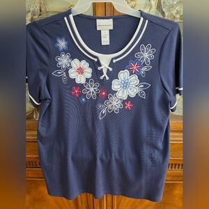 Alfred Dunner Navy Floral Embroidered Short Sleeve Top
